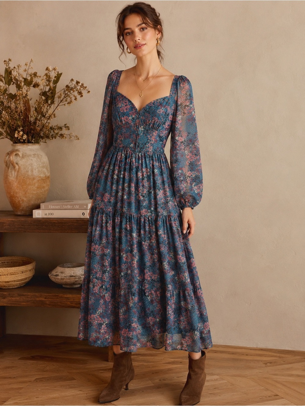 NEW PAIGE Blue Floral Chiffon Wrap Midi Dress Long Sleeve Size S